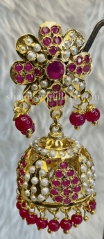 A+ Dazzling Pearl Studded Big Jhumka - Ruby (Red) [Click inside image for HD quality] - Image 3